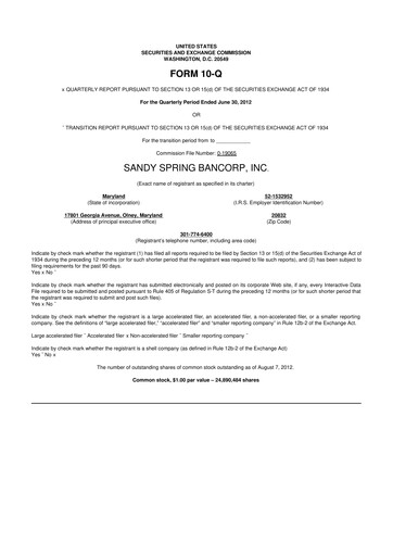 Miniature Sandy Spring Bank 10-Q Rapport trimestriel 2012 
