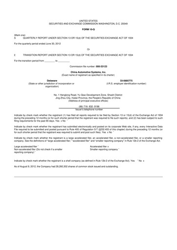 Thumbnail China Automotive Systems 10-Q Quarterly Report FY2012 