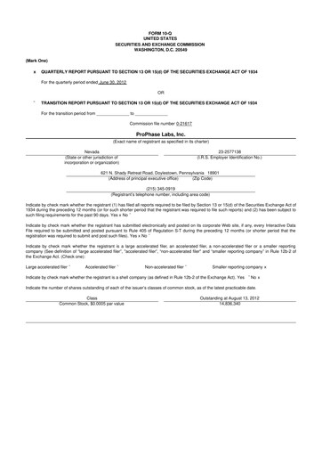 Thumbnail ProPhase Labs 10-Q Quarterly Report FY2012 