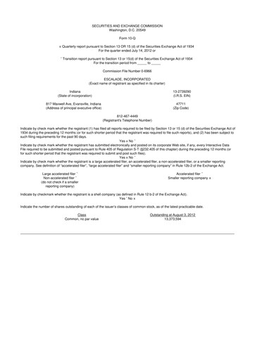 Thumbnail Escalade Sports 10-Q Quarterly Report FY 