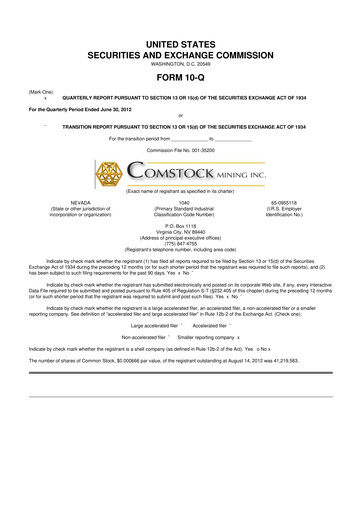 Thumbnail Comstock Inc. 10-Q Quarterly Report FY2012 