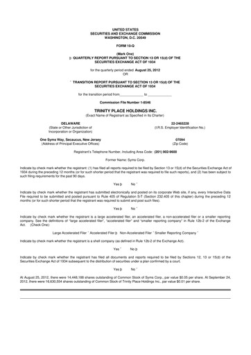Miniature Trinity Place Holdings
 10-Q Rapport trimestriel  
