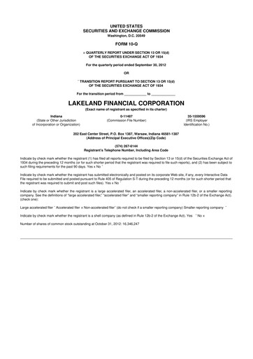 Thumbnail Lakeland Financial Corp 10-Q Quarterly Report FY2012 