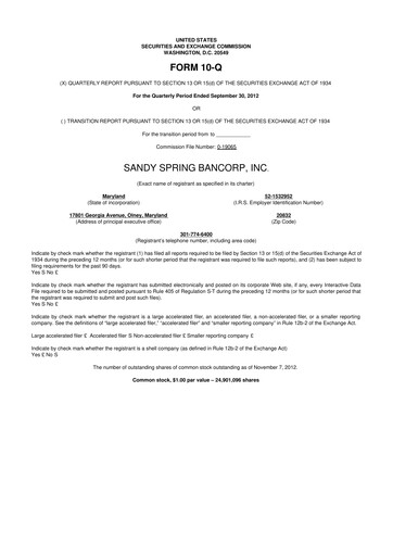 Miniature Sandy Spring Bank 10-Q Rapport trimestriel 2012 