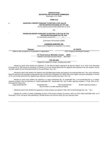 Thumbnail Landmark Bancorp 10-Q Quarterly Report FY2012 
