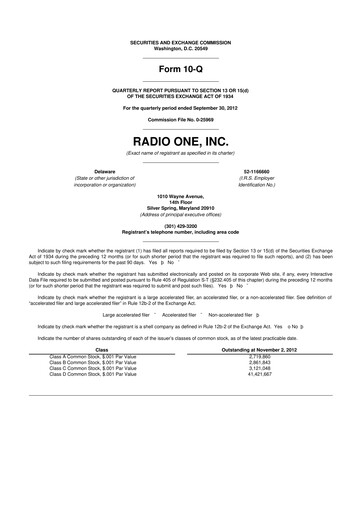 Miniature Urban One
 10-Q Rapport trimestriel 2012 