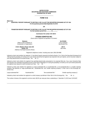 Miniature Atossa Therapeutics 10-Q Rapport trimestriel  