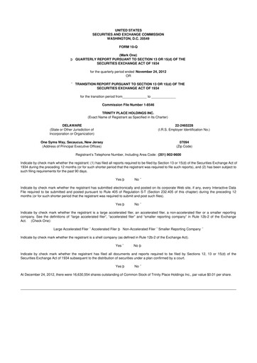 Miniature Trinity Place Holdings
 10-Q Rapport trimestriel 2013 