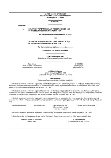 Thumbnail ConnectOne Bancorp 10-Q Quarterly Report FY2013 