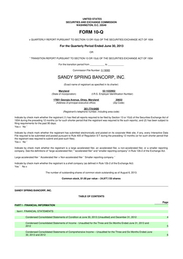 Miniature Sandy Spring Bank 10-Q Rapport trimestriel 2013 