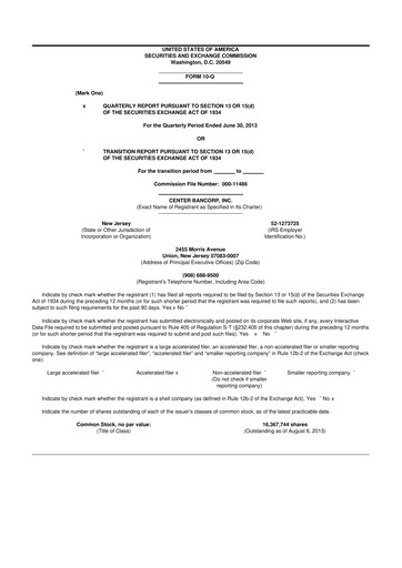 Thumbnail ConnectOne Bancorp 10-Q Quarterly Report FY2013 