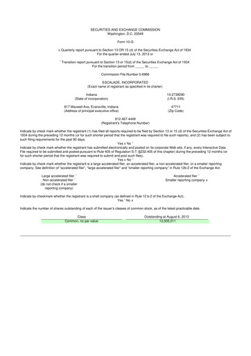 Thumbnail Escalade Sports 10-Q Quarterly Report FY 