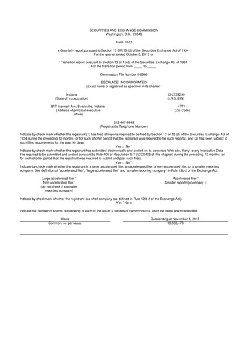 Thumbnail Escalade Sports 10-Q Quarterly Report FY 