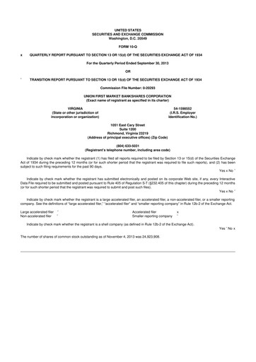 Vorschaubild Atlantic Union Bankshares 10-Q Quartalsbericht 2013 