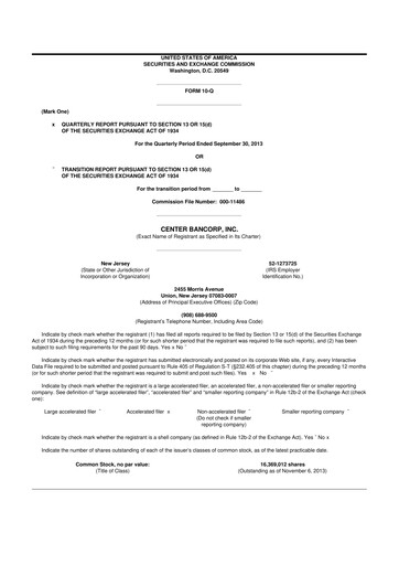Thumbnail ConnectOne Bancorp 10-Q Quarterly Report FY2013 