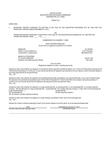 Thumbnail ESCO Technologies
 10-Q Quarterly Report FY2014 