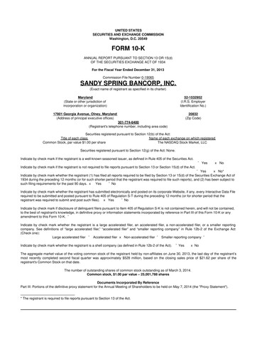 Thumbnail Sandy Spring Bank 10-K Annual Report 2013
