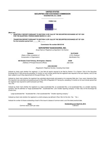 Thumbnail ServisFirst Bancshares 10-Q Quarterly Report FY2014 