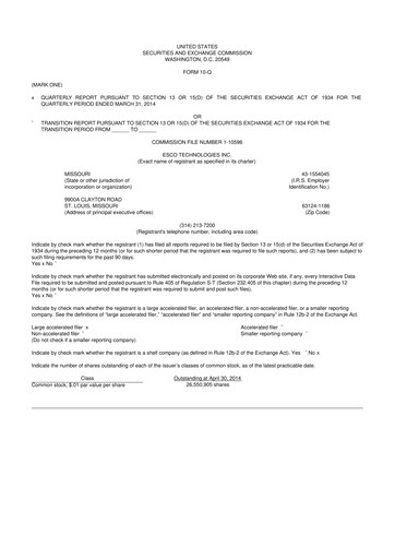 Thumbnail ESCO Technologies
 10-Q Quarterly Report FY2014 