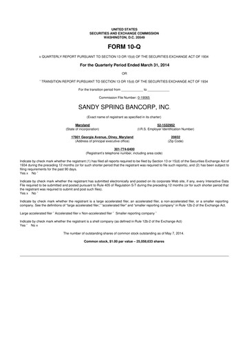 Miniature Sandy Spring Bank 10-Q Rapport trimestriel 2014 