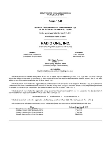 Miniature Urban One
 10-Q Rapport trimestriel 2014 
