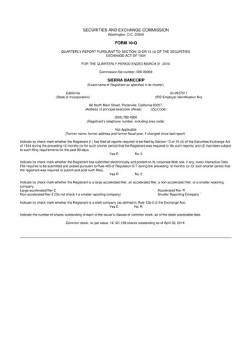 Thumbnail Sierra Bancorp
 10-Q Quarterly Report FY2014 