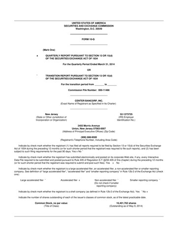 Thumbnail ConnectOne Bancorp 10-Q Quarterly Report FY2014 