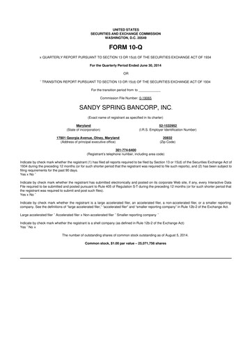 Miniature Sandy Spring Bank 10-Q Rapport trimestriel 2014 
