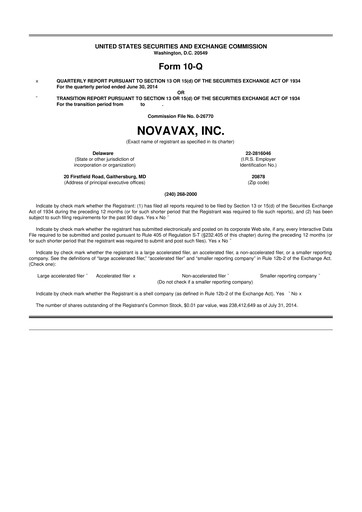 Thumbnail Novavax 10-Q Quarterly Report FY2014 