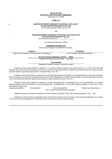 Thumbnail Landmark Bancorp 10-Q Quarterly Report FY2014 