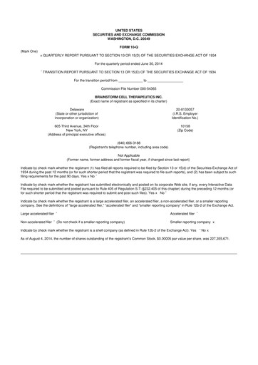 Vorschaubild BrainStorm Cell Therapeutics 10-Q Quartalsbericht 2014 