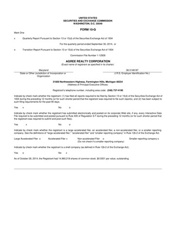 Thumbnail Agree Realty
 10-Q Quarterly Report FY2014 