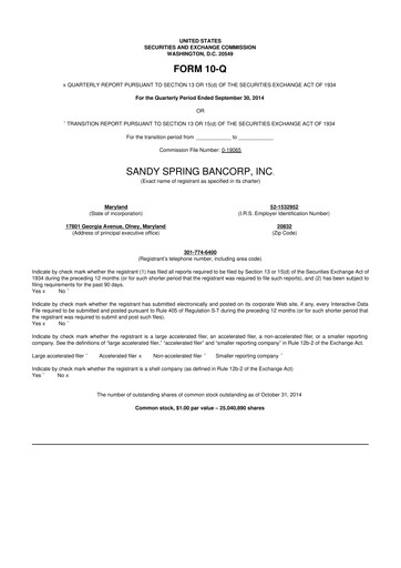 Miniature Sandy Spring Bank 10-Q Rapport trimestriel 2014 
