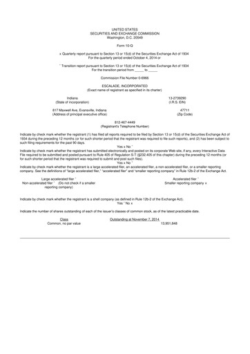 Thumbnail Escalade Sports 10-Q Quarterly Report FY 