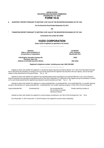 Thumbnail Vuzix
 10-Q Quarterly Report FY2014 