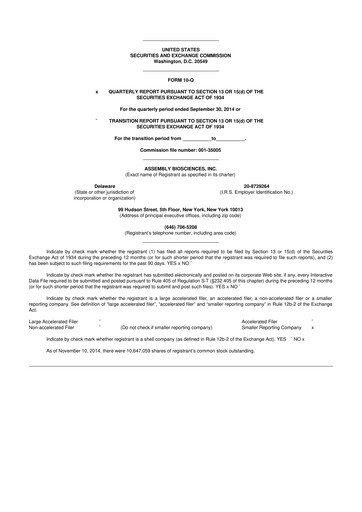 Thumbnail Assembly Biosciences 10-Q Quarterly Report FY2014 