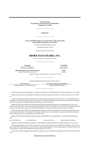 Thumbnail Shore Bancshares 10-K Annual Report 2014