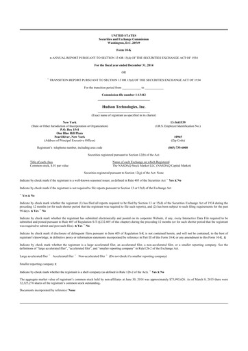 Thumbnail Hudson Technologies 10-K Annual Report 2014