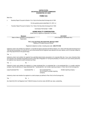 Thumbnail Agree Realty
 10-Q Quarterly Report FY2015 