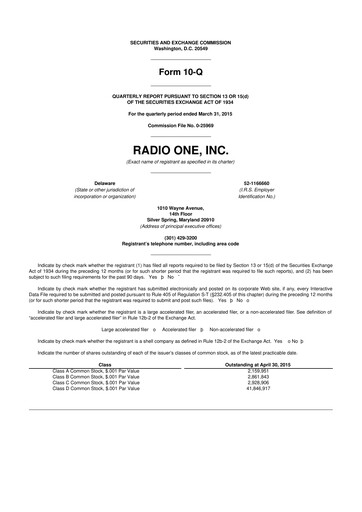 Miniature Urban One
 10-Q Rapport trimestriel 2015 