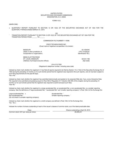 Thumbnail ESCO Technologies
 10-Q Quarterly Report FY2015 