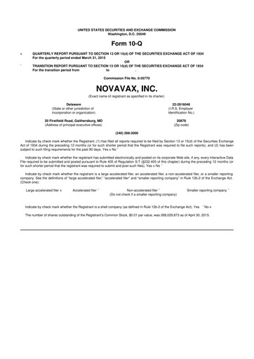 Thumbnail Novavax 10-Q Quarterly Report FY2015 