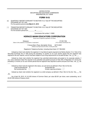 Thumbnail Horace Mann Educators 10-Q Quarterly Report FY2015 