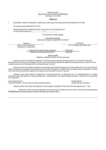 Thumbnail First United Corporation 10-Q Quarterly Report FY2015 