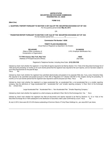 Miniature Trinity Place Holdings
 10-Q Rapport trimestriel 2016 