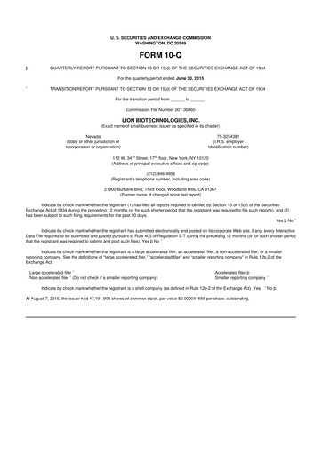 Miniature Iovance Biotherapeutics
 10-Q Rapport trimestriel 2015 