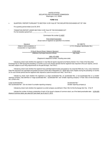 Thumbnail First United Corporation 10-Q Quarterly Report FY2015 