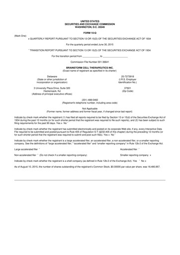 Vorschaubild BrainStorm Cell Therapeutics 10-Q Quartalsbericht 2015 