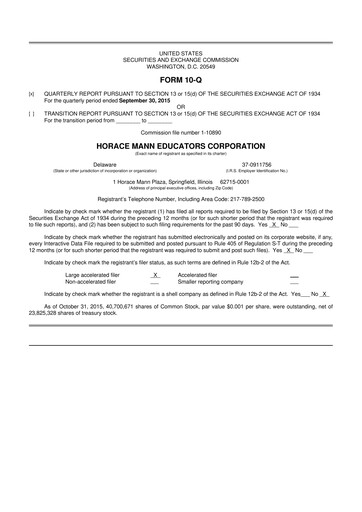 Thumbnail Horace Mann Educators 10-Q Quarterly Report FY2015 