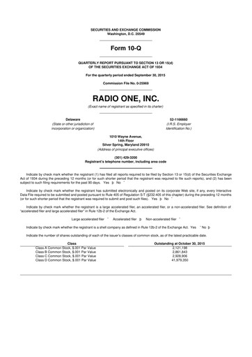 Miniature Urban One
 10-Q Rapport trimestriel 2015 